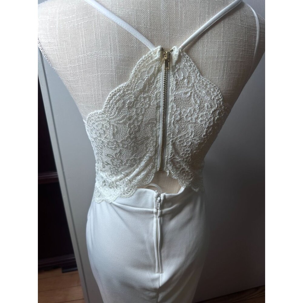 White Spaghetti Strap Lace Back Midi Dress Gold Zipper Formal Wedding Homecoming - Picture 2 of 16